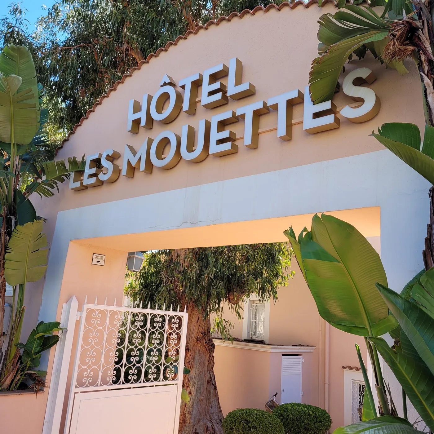 Entrée d'un hôtel nommé "Hôtel Les Mouettes" avec une porte en fer forgé et des plantes tropicales
