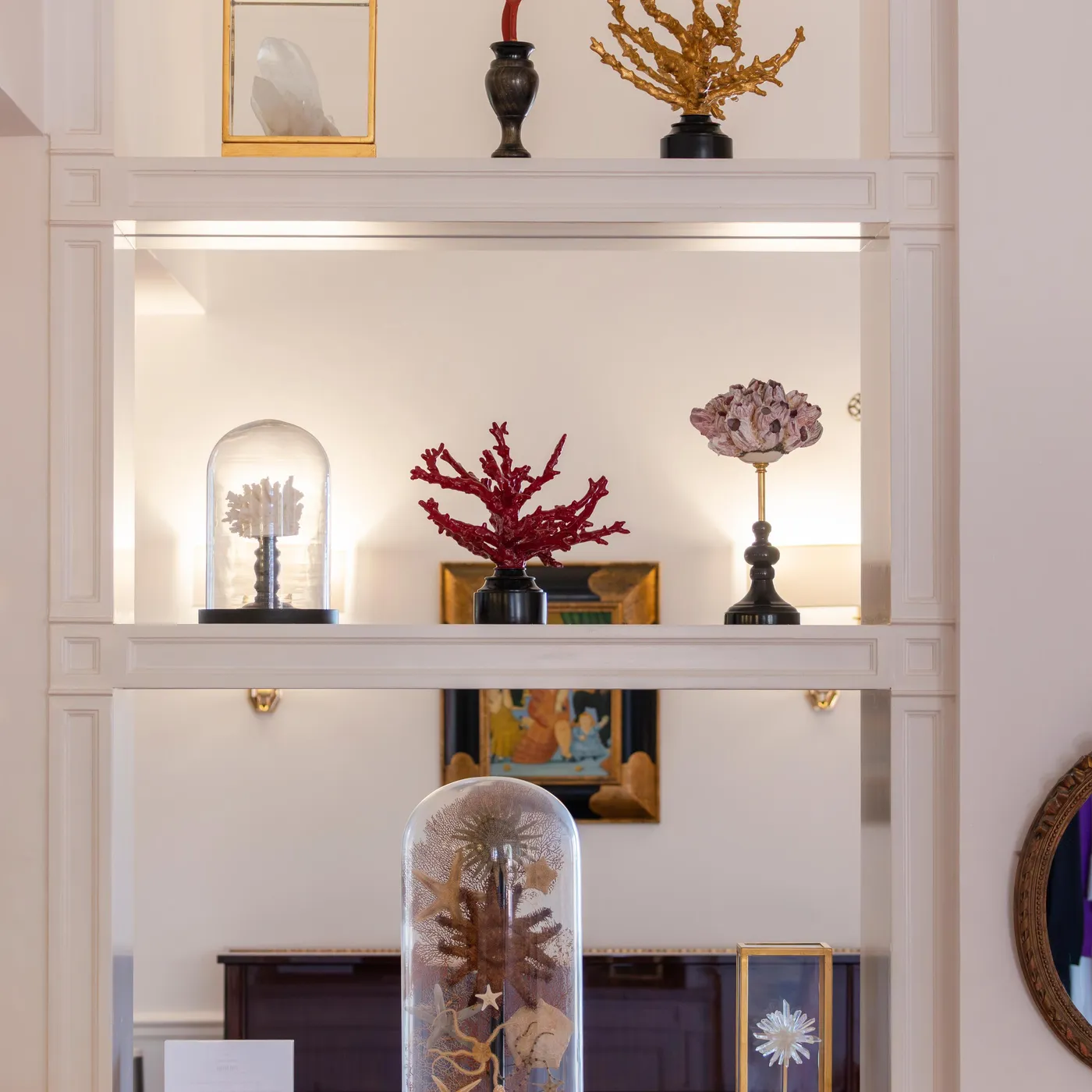 Shelves decorated with art objects, corals, and vases, lit by soft light