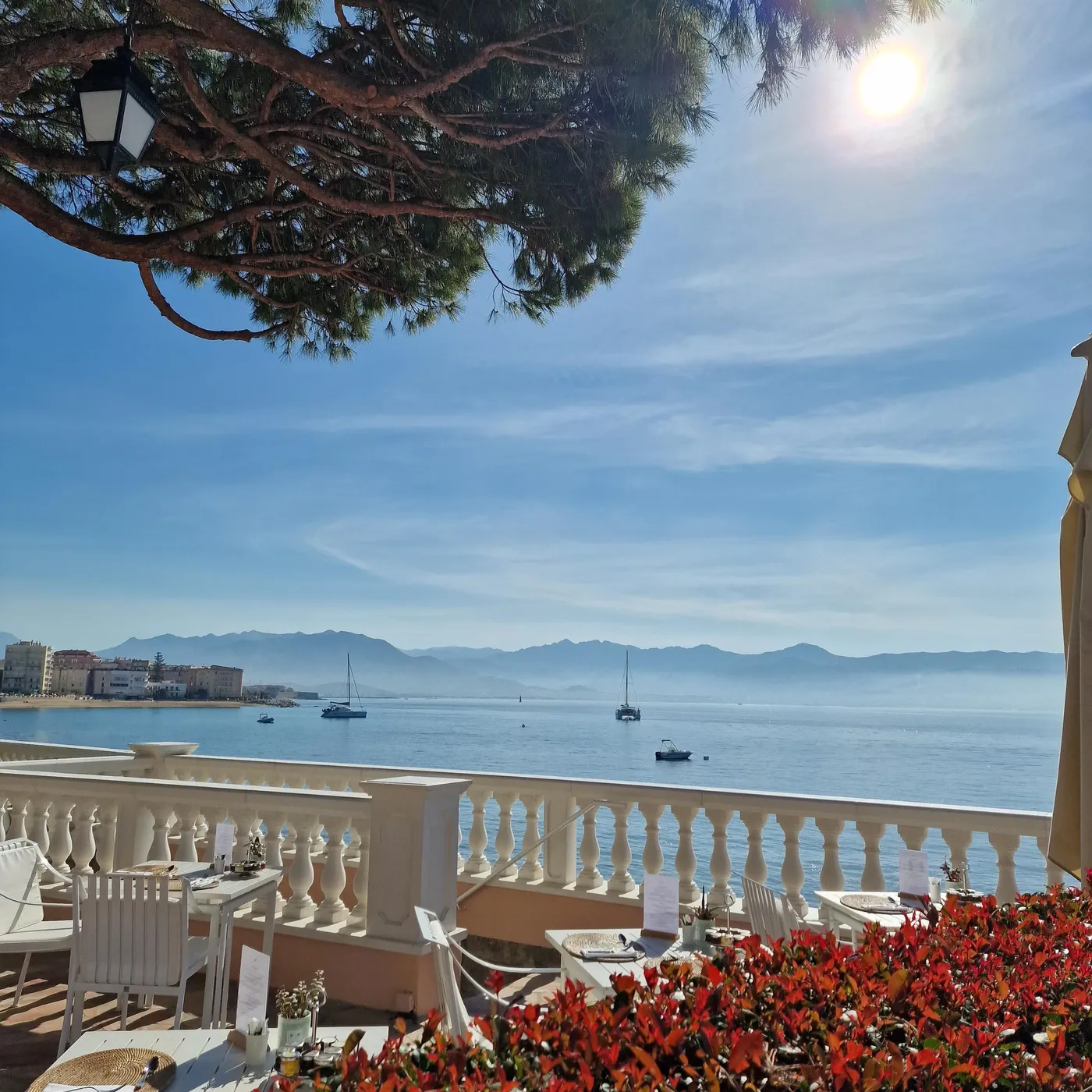Vue d'une terrasse avec des tables et des chaises blanches, des plantes rouges et une mer calme en arrière-plan sous un ciel bleu