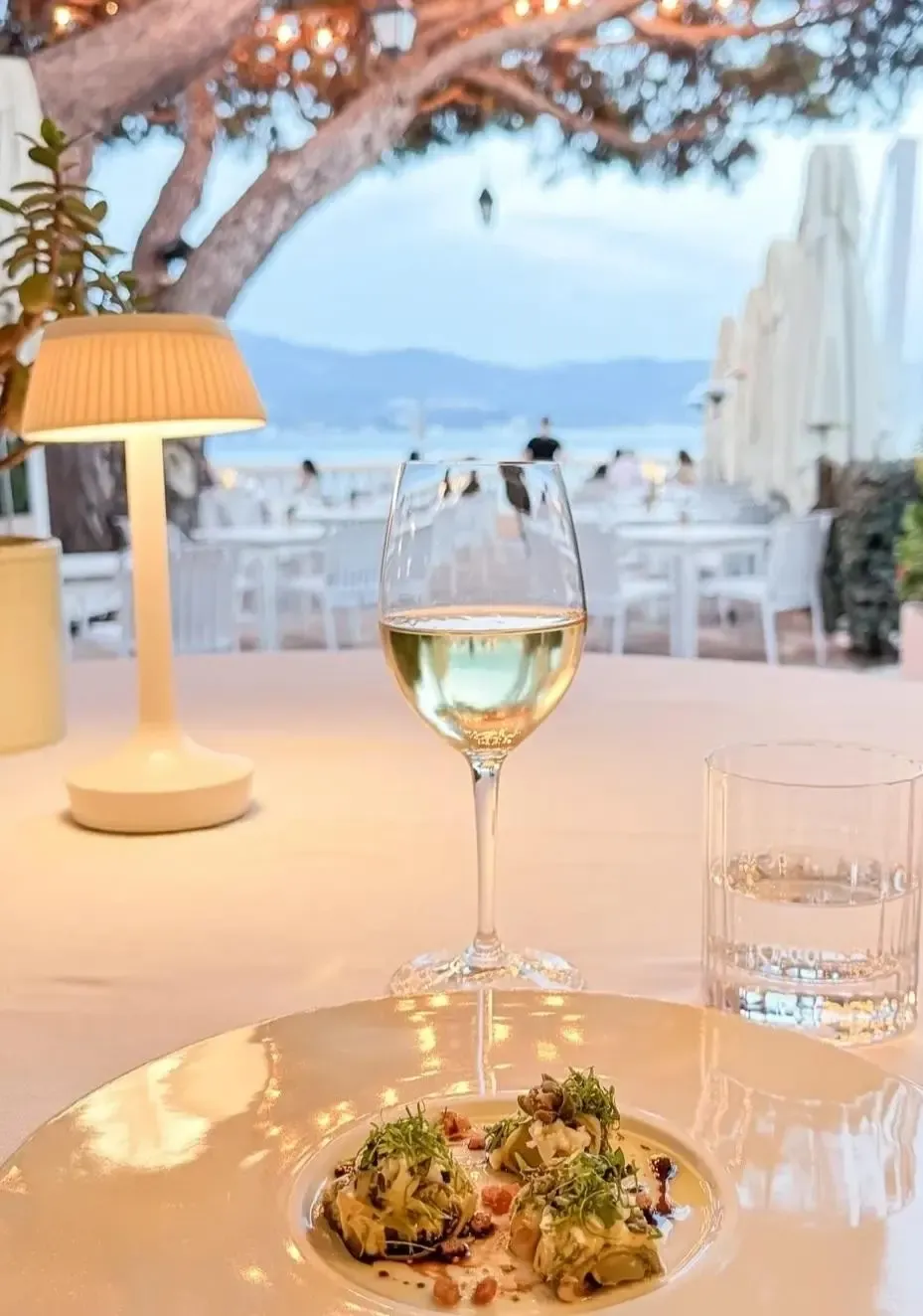 Table avec assiette contenant un plat composé de légumes, verre de vin blanc et verre d'eau, vue sur mer en arrière-plan