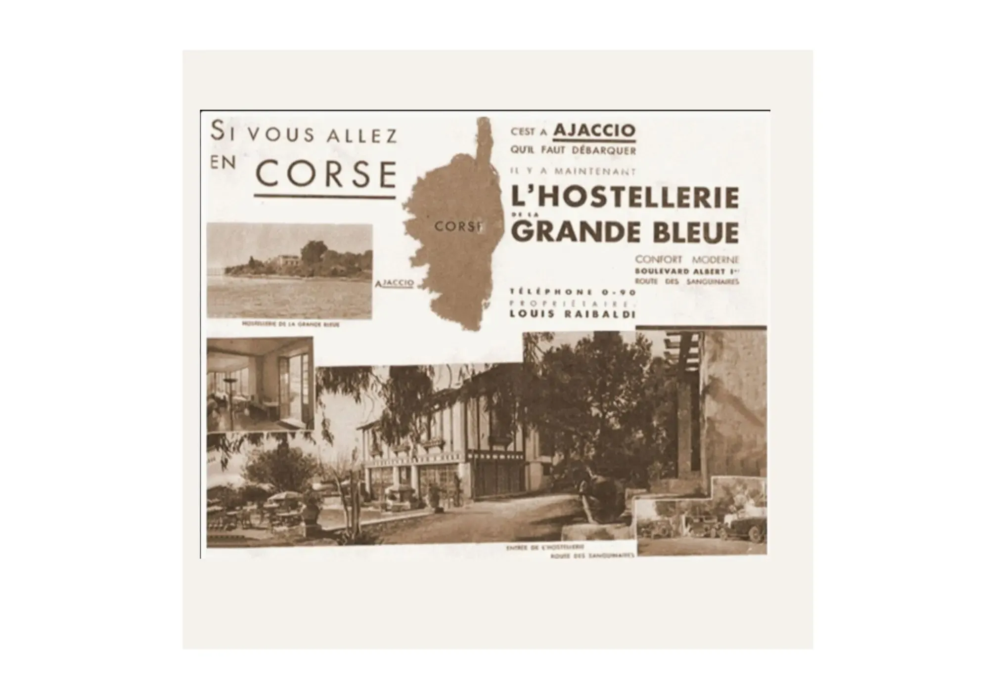 Old advertising poster for the Hostellerie de la Grande Bleue in Ajaccio, Corsica, featuring images of the establishment and the region.